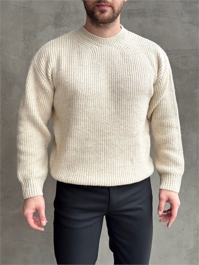 Erkek Favori Model Oversize Kalıp Brazilian Örgü Yüksek Gramajlı Bisiklet Yaka Triko Kazak-Bej(E1895)