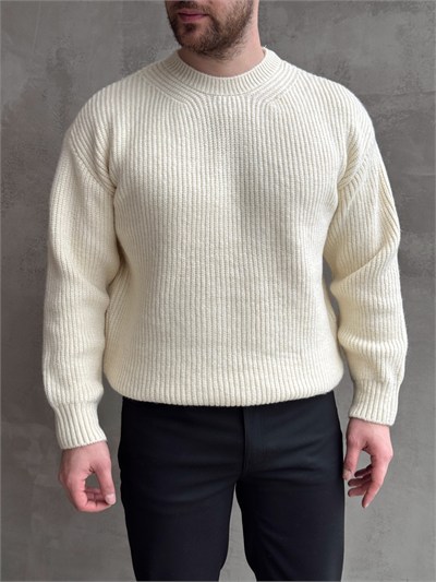 Erkek Favori Model Oversize Kalıp Brazilian Örgü Yüksek Gramajlı Bisiklet Yaka Triko Kazak-Ekru(E1895)