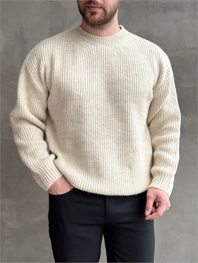 Erkek Favori Model Oversize Kalıp Brazilian Örgü Yüksek Gramajlı Bisiklet Yaka Triko Kazak-Bej(E1895)