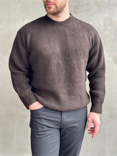 Erkek Favori Model Oversize Kalıp Brazilian Örgü Yüksek Gramajlı Bisiklet Yaka Triko Kazak-Kahverengi(E1895)