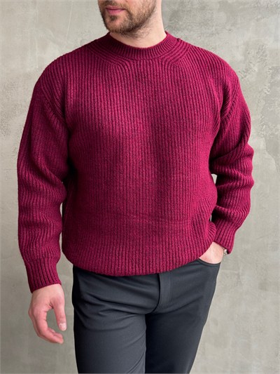 Erkek Favori Model Oversize Kalıp Brazilian Örgü Yüksek Gramajlı Bisiklet Yaka Triko Kazak-Bordo(E1895)