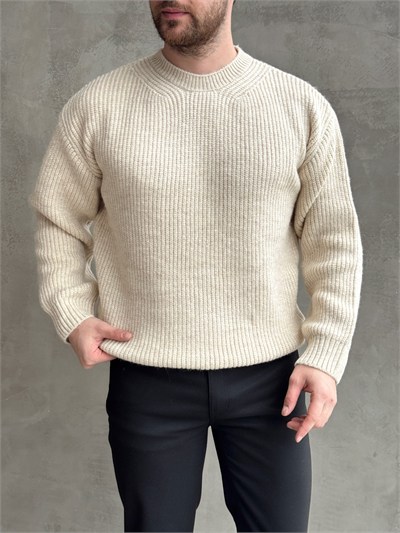 Erkek Favori Model Oversize Kalıp Brazilian Örgü Yüksek Gramajlı Bisiklet Yaka Triko Kazak-Bej(E1895)