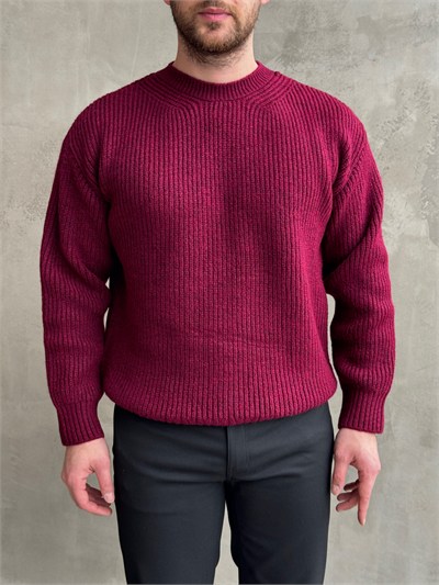 Erkek Favori Model Oversize Kalıp Brazilian Örgü Yüksek Gramajlı Bisiklet Yaka Triko Kazak-Bordo(E1895)