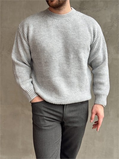 Erkek Favori Model Oversize Kalıp Brazilian Örgü Yüksek Gramajlı Bisiklet Yaka Triko Kazak-Gri(E1895)