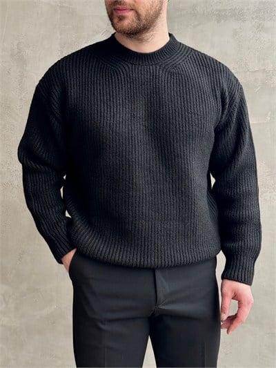 Erkek Favori Model Oversize Kalıp Brazilian Örgü Yüksek Gramajlı Bisiklet Yaka Triko Kazak-Siyah(E1895)