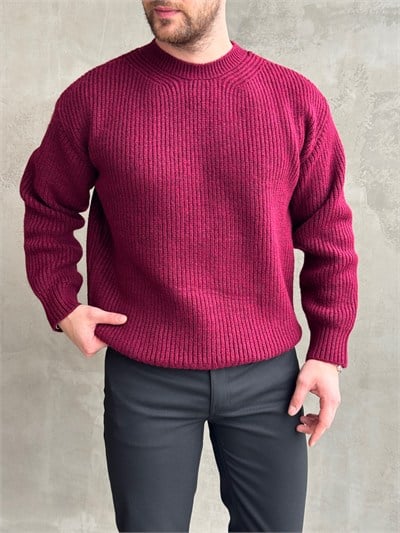Erkek Favori Model Oversize Kalıp Brazilian Örgü Yüksek Gramajlı Bisiklet Yaka Triko Kazak-Bordo(E1895)