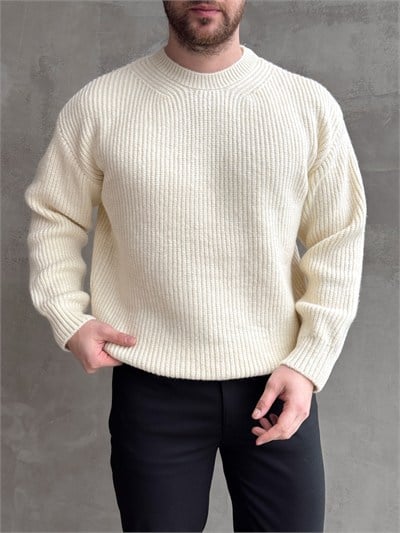 Erkek Favori Model Oversize Kalıp Brazilian Örgü Yüksek Gramajlı Bisiklet Yaka Triko Kazak-Ekru(E1895)