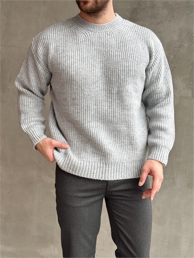 Erkek Favori Model Oversize Kalıp Brazilian Örgü Yüksek Gramajlı Bisiklet Yaka Triko Kazak-Gri(E1895)