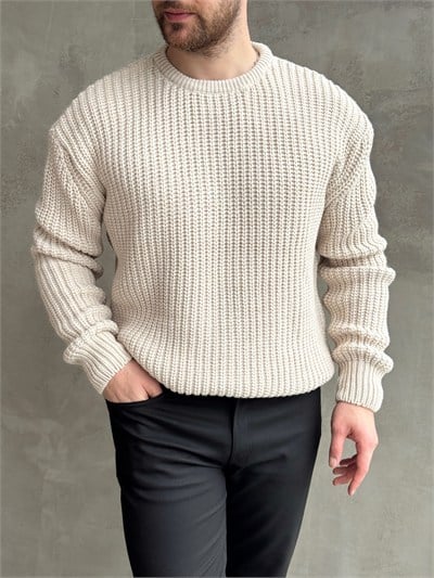Erkek Favori Model Oversize Kalıp Relax Orgü Bisiklet Yaka Triko Kazak-Bej(E1894)
