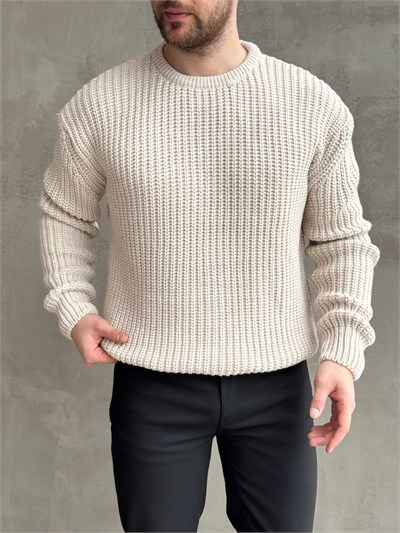 Erkek Favori Model Oversize Kalıp Relax Orgü Bisiklet Yaka Triko Kazak-Bej(E1894)