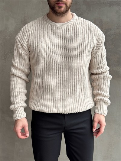 Erkek Favori Model Oversize Kalıp Relax Orgü Bisiklet Yaka Triko Kazak-Bej(E1894)