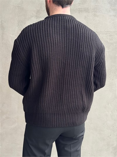 Erkek Favori Model Oversize Kalıp Relax Orgü Bisiklet Yaka Triko Kazak-Siyah(E1894)