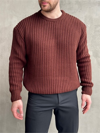 Erkek Favori Model Oversize Kalıp Relax Orgü Bisiklet Yaka Triko Kazak-Kahverengi(E1894)