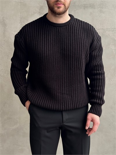 Erkek Favori Model Oversize Kalıp Relax Orgü Bisiklet Yaka Triko Kazak-Siyah(E1894)
