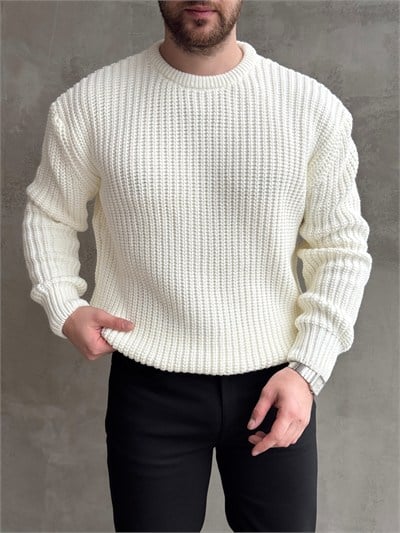 Erkek Favori Model Oversize Kalıp Relax Orgü Bisiklet Yaka Triko Kazak-Ekru(E1894)