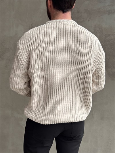 Erkek Favori Model Oversize Kalıp Relax Orgü Bisiklet Yaka Triko Kazak-Bej(E1894)