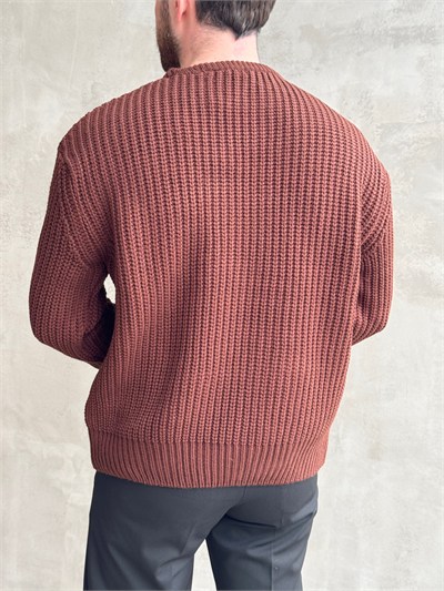 Erkek Favori Model Oversize Kalıp Relax Orgü Bisiklet Yaka Triko Kazak-Kahverengi(E1894)