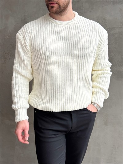Erkek Favori Model Oversize Kalıp Relax Orgü Bisiklet Yaka Triko Kazak-Ekru(E1894)