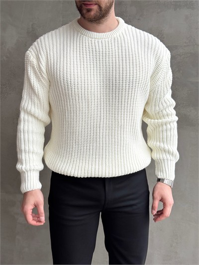 Erkek Favori Model Oversize Kalıp Relax Orgü Bisiklet Yaka Triko Kazak-Ekru(E1894)