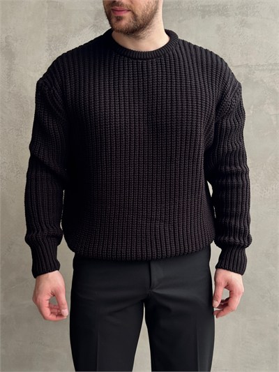 Erkek Favori Model Oversize Kalıp Relax Orgü Bisiklet Yaka Triko Kazak-Siyah(E1894)