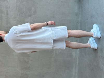 Erkek Günlük Kullanabilir Oversize Kalıp Şort Gömlek Keten Kumaş Takım-Beyaz(E1740)