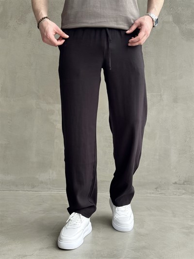 Erkek Günlük Kullanım Beli Lastikli Bağcık Detay Baggy Kalıp Modal Pamuk Karışımlı Pantolon-Siyah(E1733)