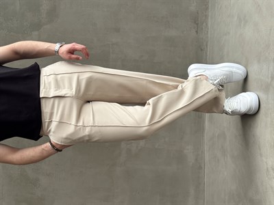 Erkek Günlük Kullanım Beli Lastikli Çima Detaylı Baggy Kalıp Kumaş Pantolon-Bej(E1754)