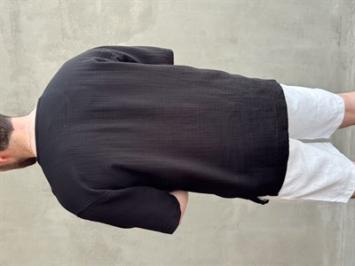 Erkek Günlük Kullanım Oversize Kalıp Muslin Kumaş Fakir Kol Basic T-Shirt-Siyah(E1769)