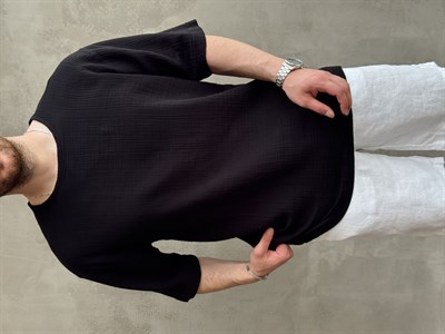 Erkek Günlük Kullanım Oversize Kalıp Muslin Kumaş Fakir Kol Basic T-Shirt-Siyah(E1769)