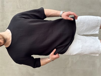 Erkek Günlük Kullanım Oversize Kalıp Muslin Kumaş Fakir Kol Basic T-Shirt-Siyah(E1769)
