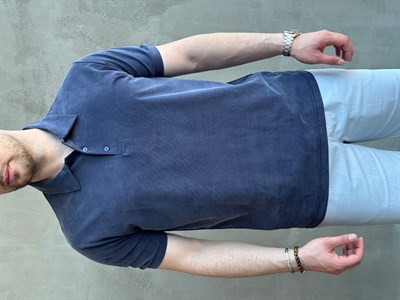 Erkek Kaliteli Kumaş Oversize Kalıp Düğme Detaylı Polo Yaka T-Shirt-Lacivert(E1746)