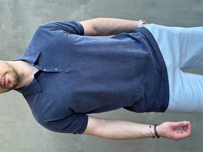 Erkek Kaliteli Kumaş Oversize Kalıp Düğme Detaylı Polo Yaka T-Shirt-Lacivert(E1746)