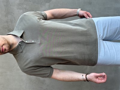 Erkek Kaliteli Kumaş Oversize Kalıp Düğme Detaylı Polo Yaka T-Shirt-Haki(E1746)