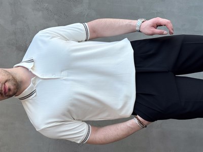 Erkek Kaliteli Kumaş Oversize Kalıp Örme Çizgi Detaylı Düğmeli Polo Yaka T-Shirt-Beyaz(E1747)