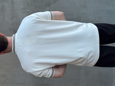 Erkek Kaliteli Kumaş Oversize Kalıp Örme Çizgi Detaylı Düğmeli Polo Yaka T-Shirt-Beyaz(E1747)