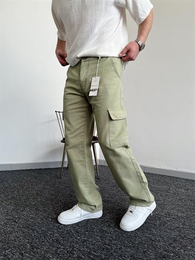 Erkek Kargo Cepli Gabardin Baggy Pantolon-Su Yeşili(E1001) TD:544