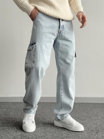 Erkek Kargo Cepli Gabardin Baggy Pantolon-Açık Mavi(E1001) TD:456