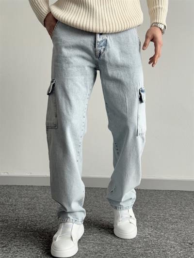 Erkek Kargo Cepli Gabardin Baggy Pantolon-Açık Mavi(E1001) TD:456