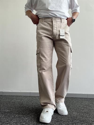 Erkek Kargo Cepli Gabardin Baggy Pantolon-Krem(E1001) TD:560