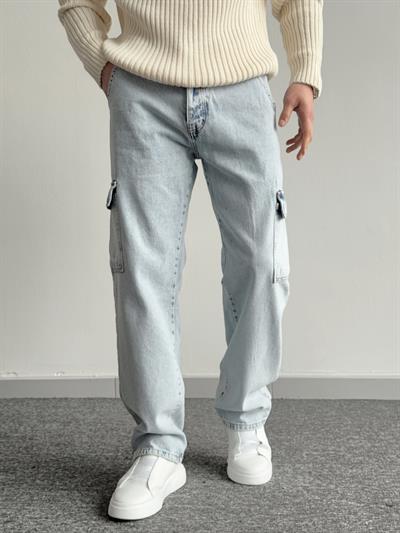 Erkek Kargo Cepli Gabardin Baggy Pantolon-Açık Mavi(E1001) TD:456