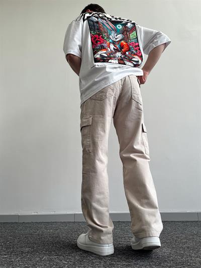 Erkek Kargo Cepli Gabardin Baggy Pantolon-Krem(E1001) TD:560