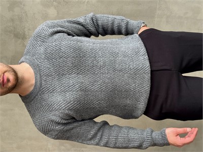 Erkek Ketench Özel Koleksiyon Oversize Kalıp Bsiklet Yaka Desenli Triko Kazak-Füme(E1548)