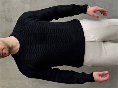 Erkek Ketench Özel Koleksiyon Oversize Kalıp Bsiklet Yaka Desenli Triko Kazak-Siyah(E1548)
