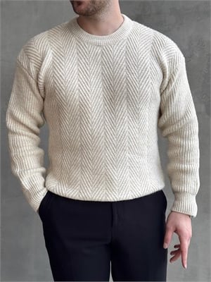Erkek Ketench Özel Koleksiyon Oversize Kalıp Bsiklet Yaka Desenli Triko Kazak-Bej(E1548)