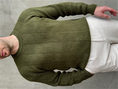 Erkek Ketench Özel Koleksiyon Oversize Kalıp Bsiklet Yaka Desenli Triko Kazak-Haki(E1548)