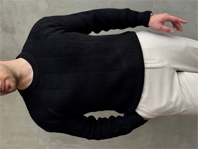 Erkek Ketench Özel Koleksiyon Oversize Kalıp Bsiklet Yaka Desenli Triko Kazak-Siyah(E1548)