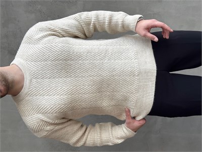 Erkek Ketench Özel Koleksiyon Oversize Kalıp Bsiklet Yaka Desenli Triko Kazak-Bej(E1548)
