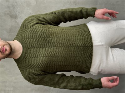 Erkek Ketench Özel Koleksiyon Oversize Kalıp Bsiklet Yaka Desenli Triko Kazak-Haki(E1548)