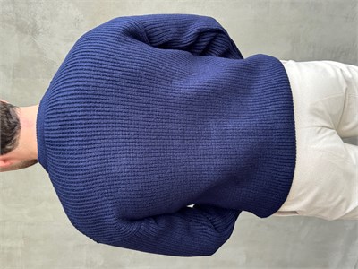Erkek Ketench Özel Koleksiyon Oversize Kalıp Bsiklet Yaka Desenli Triko Kazak-Lacivert(E1548)