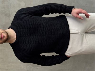 Erkek Ketench Özel Koleksiyon Oversize Kalıp Bsiklet Yaka Desenli Triko Kazak-Siyah(E1548)